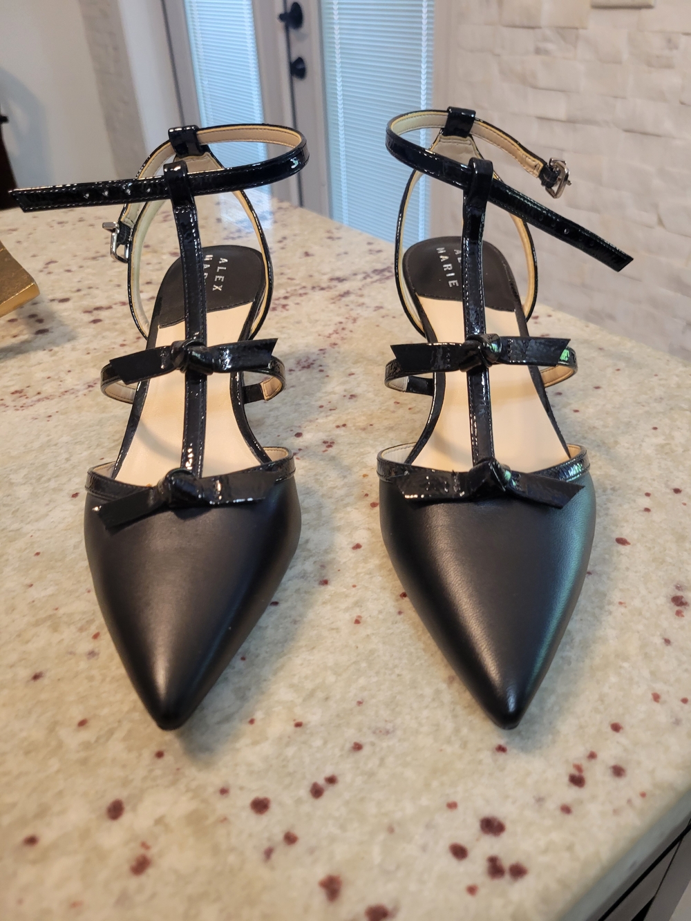 Alex Marie Black Pointed T-Strap Ankle Strap Flats